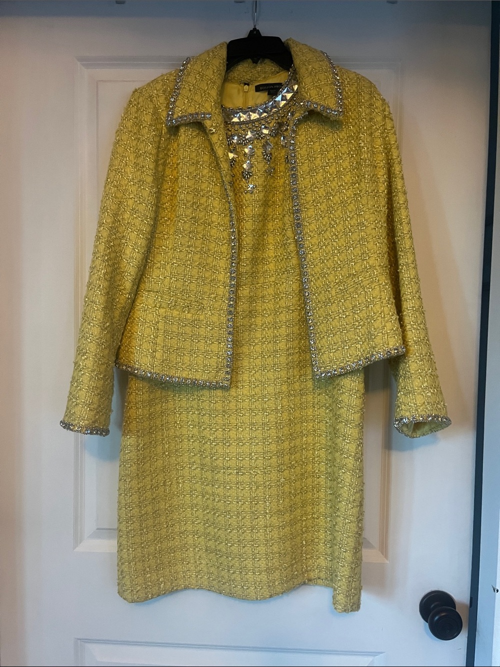 Boston Proper Yellow Tweed Jacket and Dress Set with Embellished Neckline